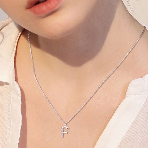 SHEGRACE 925 Sterling Silver Initial Letter F Pendant Necklace W Cubic Zirconia - Picture 2 of 5